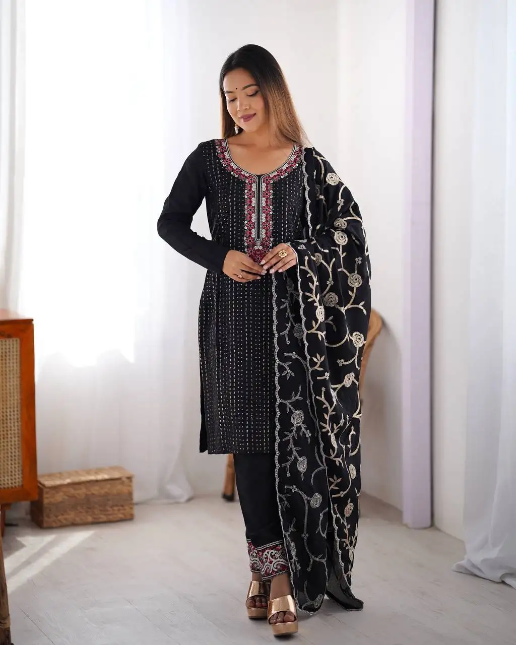 Women's Chinon Silk Sequence And Thread Work Straight Kurti With Pant and Dupatta Set - Image 11