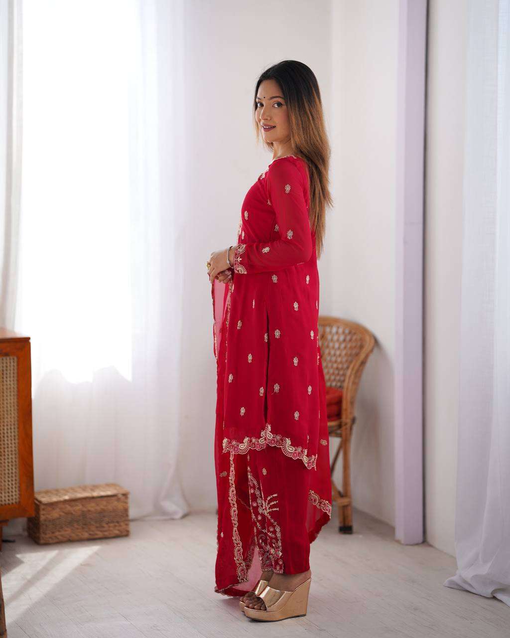 Women's Georgette Embroidery Straight Kurti with Pant And Dupatta Set - Image 3